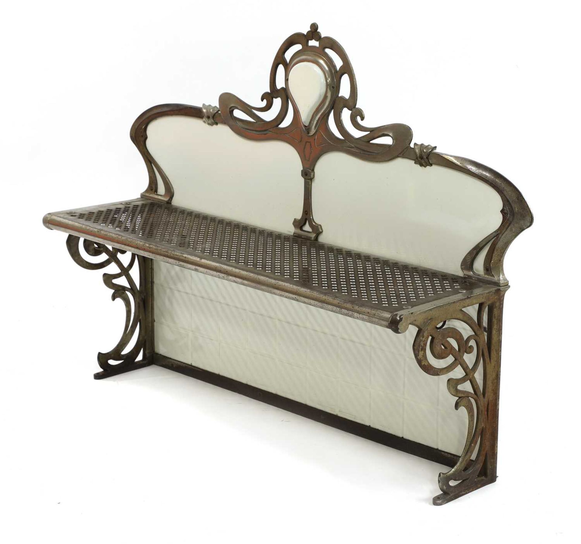 A French Art Nouveau metal and enamelled wall shelf,