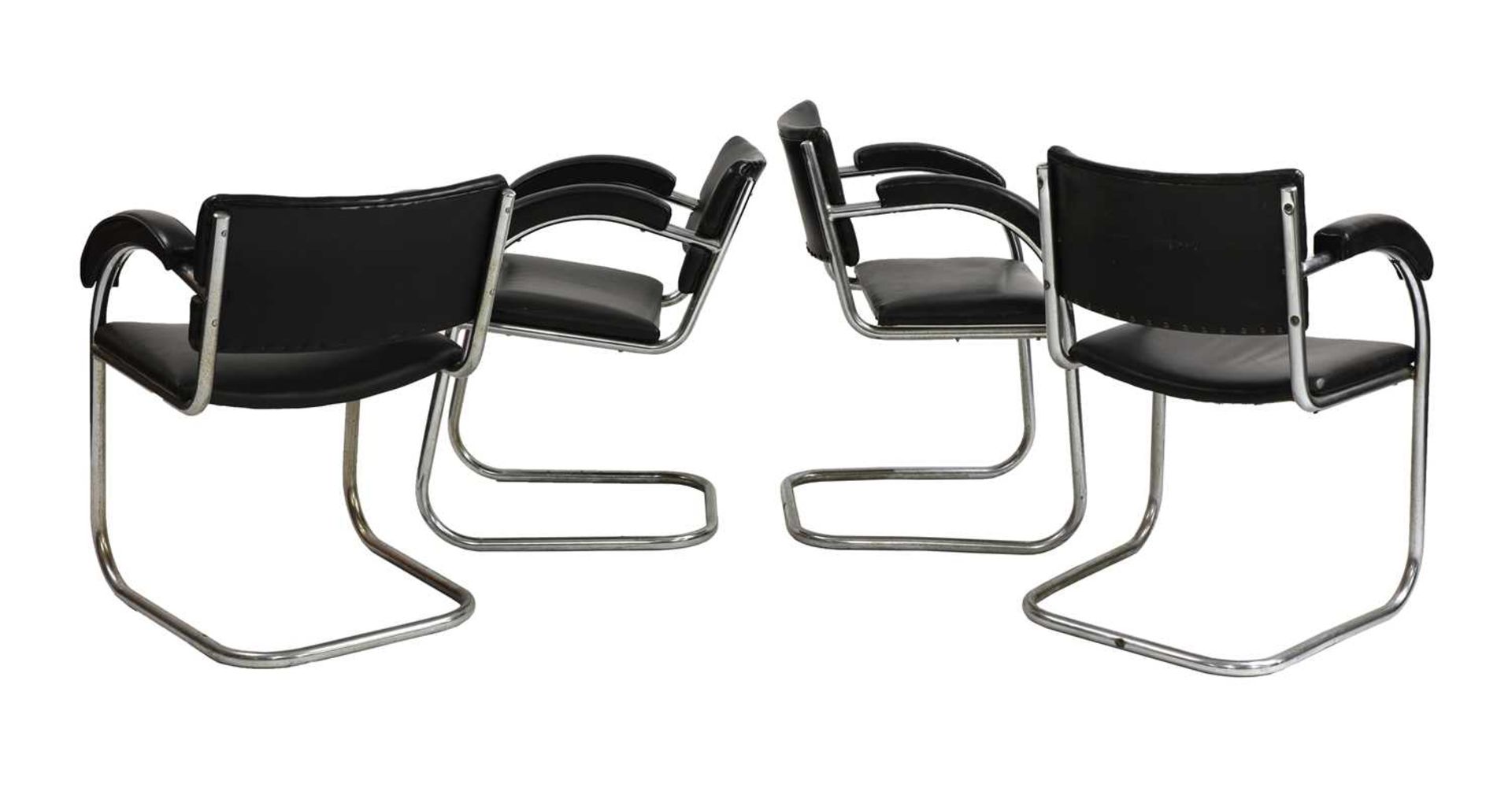 A set of four black leather and chrome cantilever chairs, - Bild 2 aus 2