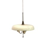 An adjustable steel and brass hanging light,