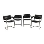 A set of four black leather and chrome cantilever chairs,