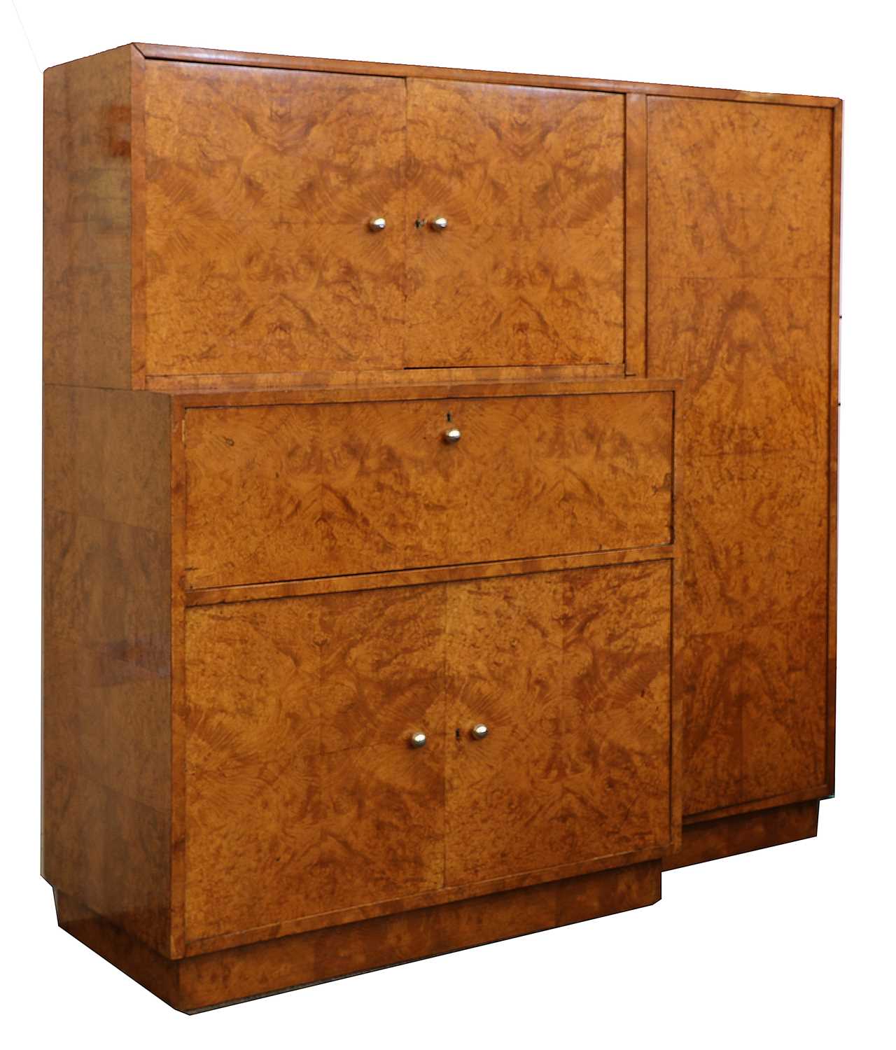 An Art Deco burr walnut secretaire cabinet,