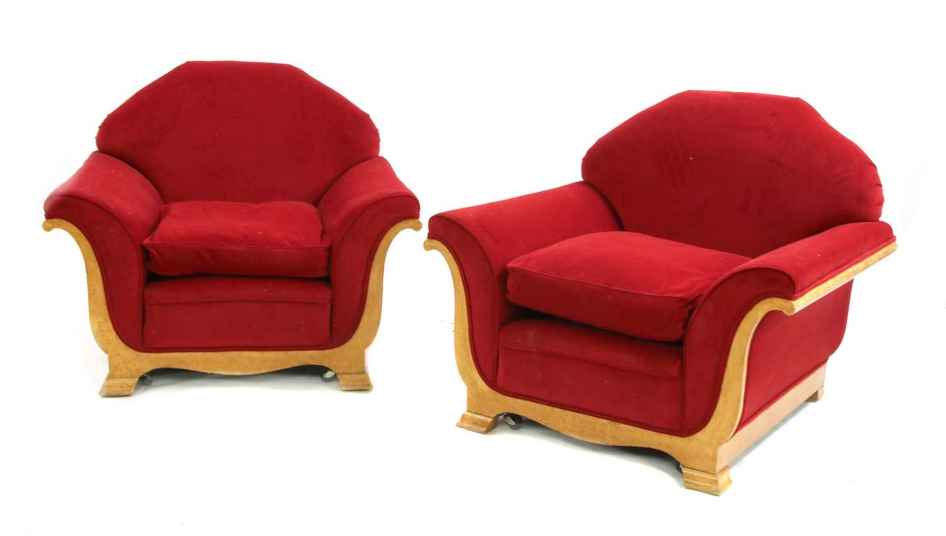 A pair of Art Deco upholstered bird's-eye maple armchairs,