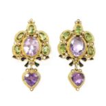 A pair of Italian gilt metal amethyst, peridot, split pearl and enamel earrings, by Percossi Papi,