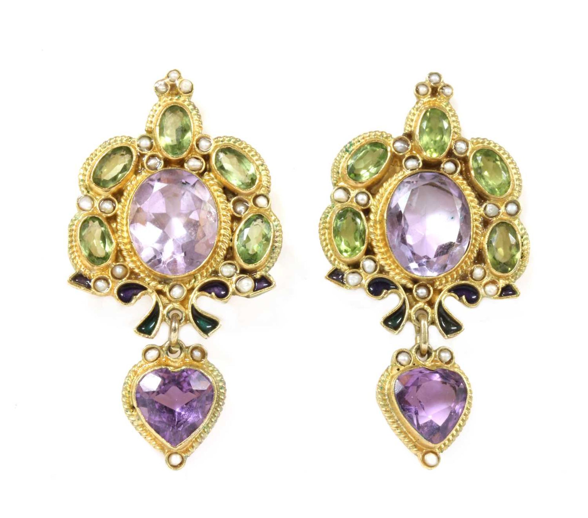 A pair of Italian gilt metal amethyst, peridot, split pearl and enamel earrings, by Percossi Papi,