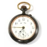 A gun metal open-faced pocket watch travel alarm clock,