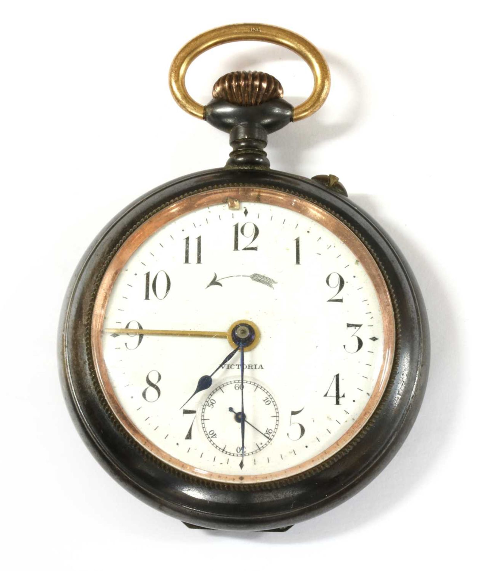 A gun metal open-faced pocket watch travel alarm clock,