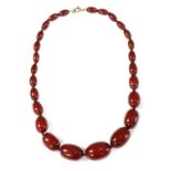 A single row graduated oval cherry coloured Bakelite bead necklace,