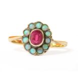 A gold ruby and opal cluster ring,