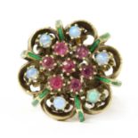 A gold opal, ruby and enamel cluster ring,