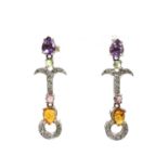 A pair of white gold diamond and assorted gemstone drop earrings,
