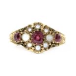 A Victorian 15ct gold garnet and split pearl cluster ring,