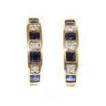A pair of gold sapphire and diamond 'J' hoop earrings,