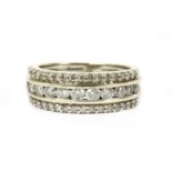 A white gold three row diamond ring,