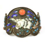 A Chinese silver gilt coral and enamel hinged bangle, c.1930,