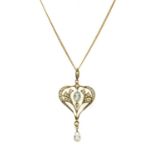 An Edwardian gold aquamarine and split pearl pendant,