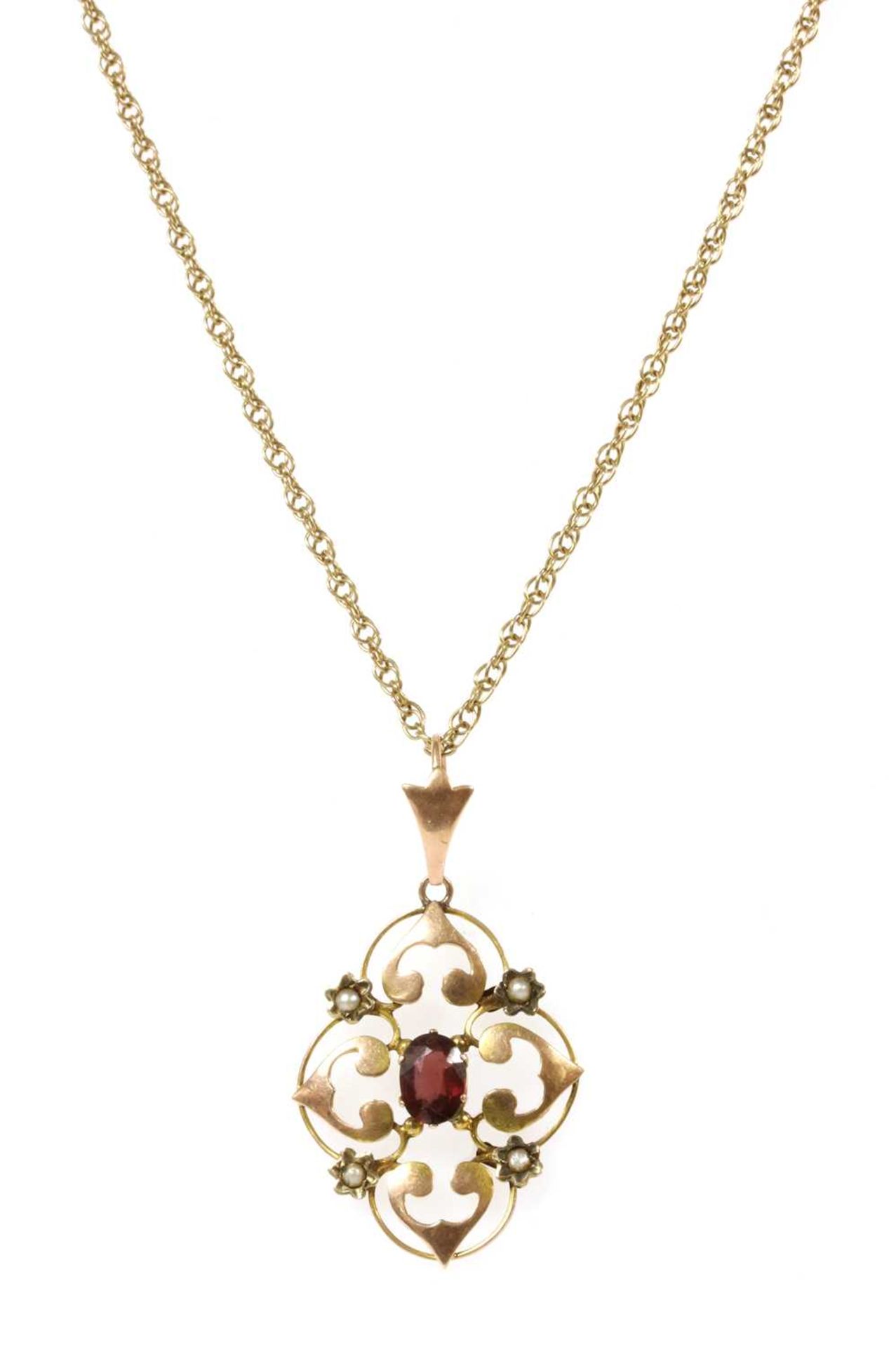 An Edwardian gold garnet and split pearl pendant,