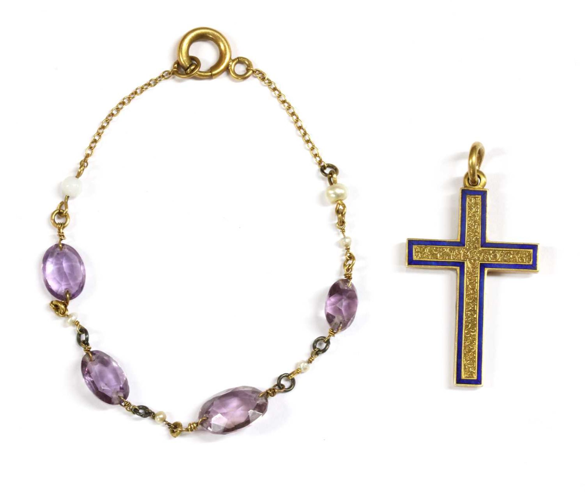 A gold enamel Latin cross pendant,