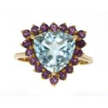 A 9ct gold blue topaz and amethyst halo cluster ring,