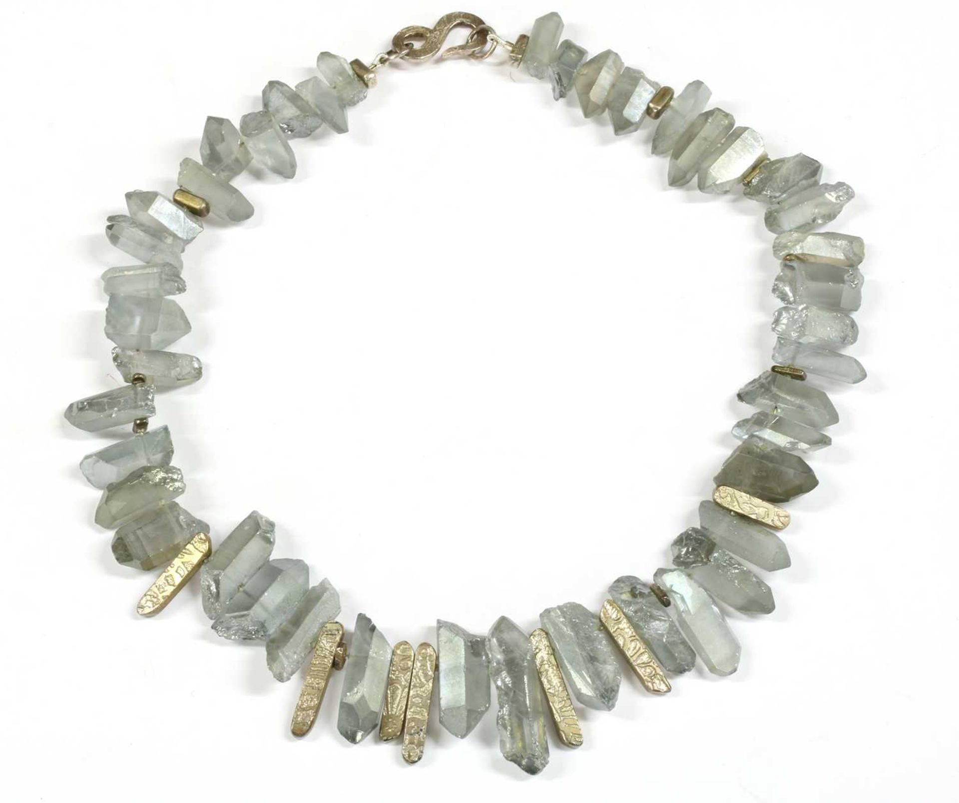 A contemporary silver and coated quartz crystal necklace,