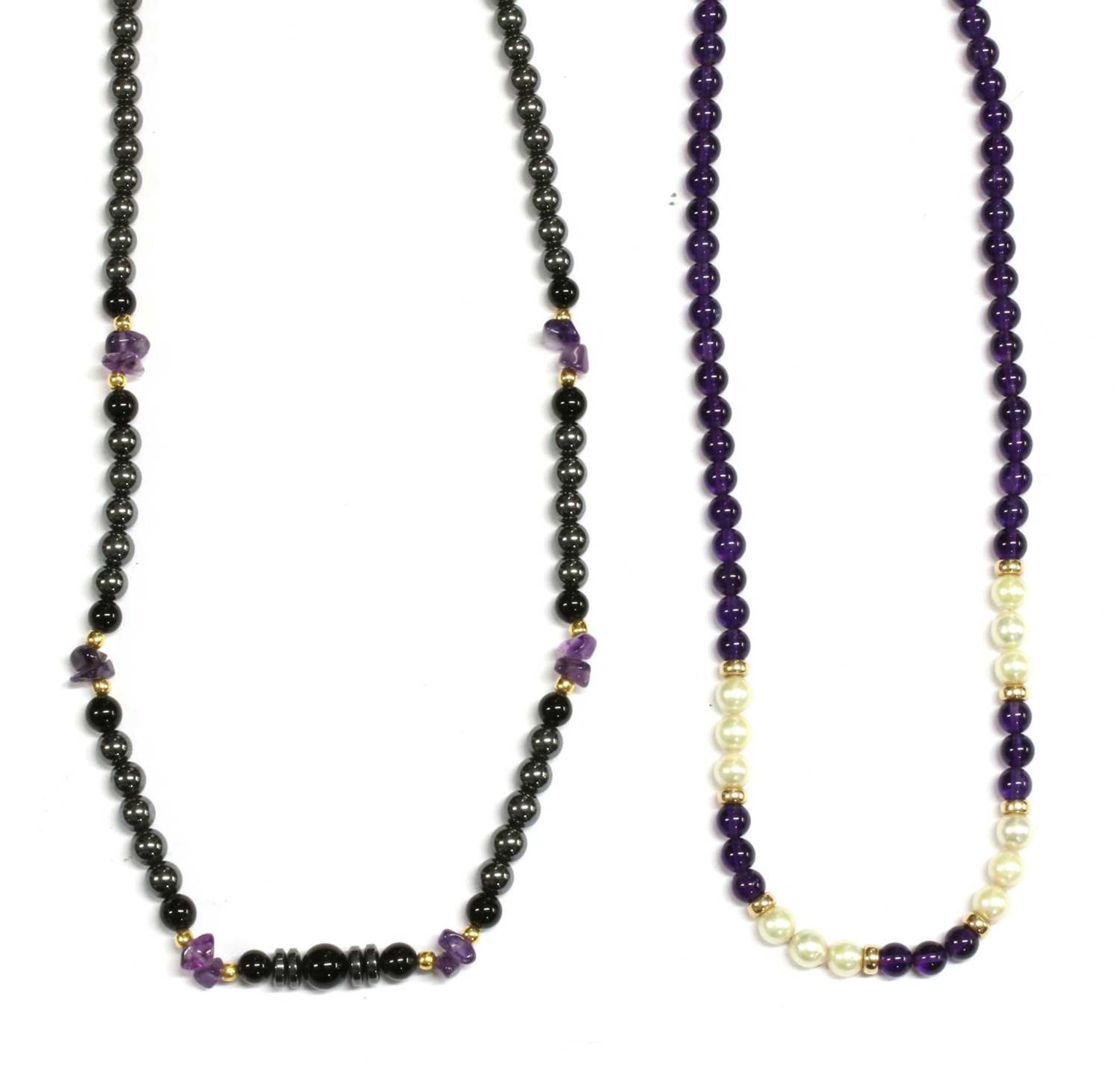 A gold amethyst and cultured pearl necklace,