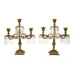 A pair of gilt bronze three light candle lustres,