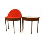 A pair of good modern strung and inlaid mahogany demi-lune fold-over card tables