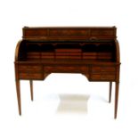 An Edwardian Sheraton revival satinwood and rosewood crossbanded cylinder bureau,