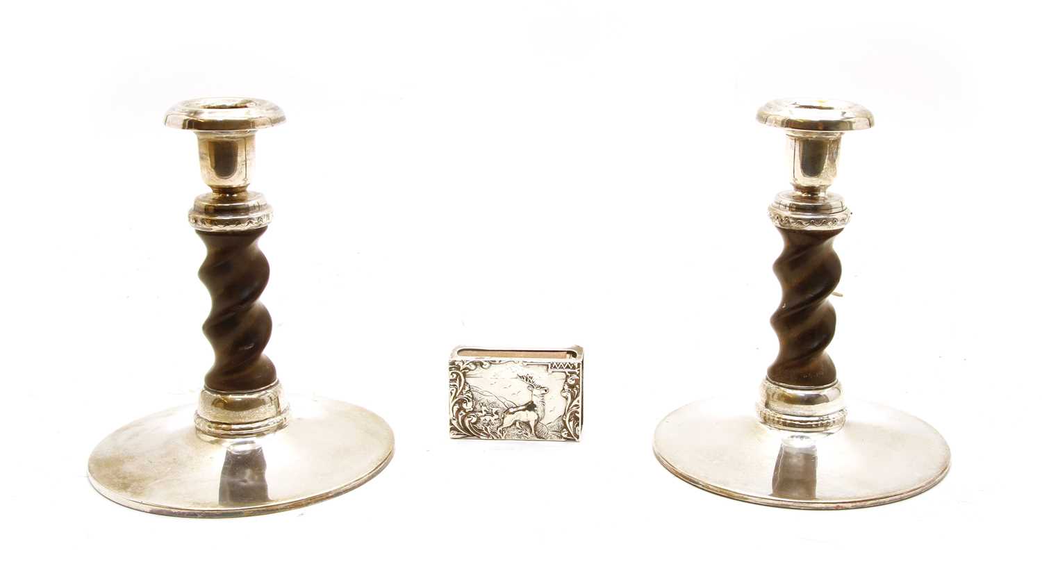 A pair of turned wooden on white metal mounted candlesticks, - Image 2 of 2