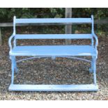 A blue painted Victorian style cast iron and slatted 'games seat',