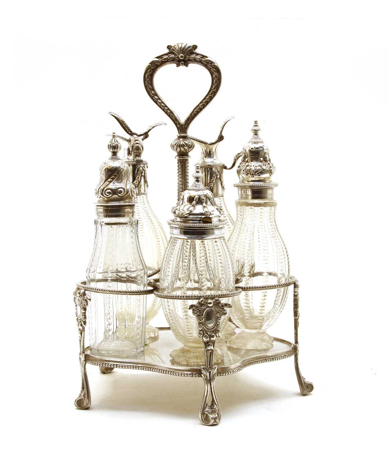 A 19th Century silver plated five bottle cruet stand