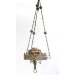 A brass Gothic-type hanging light fitting,