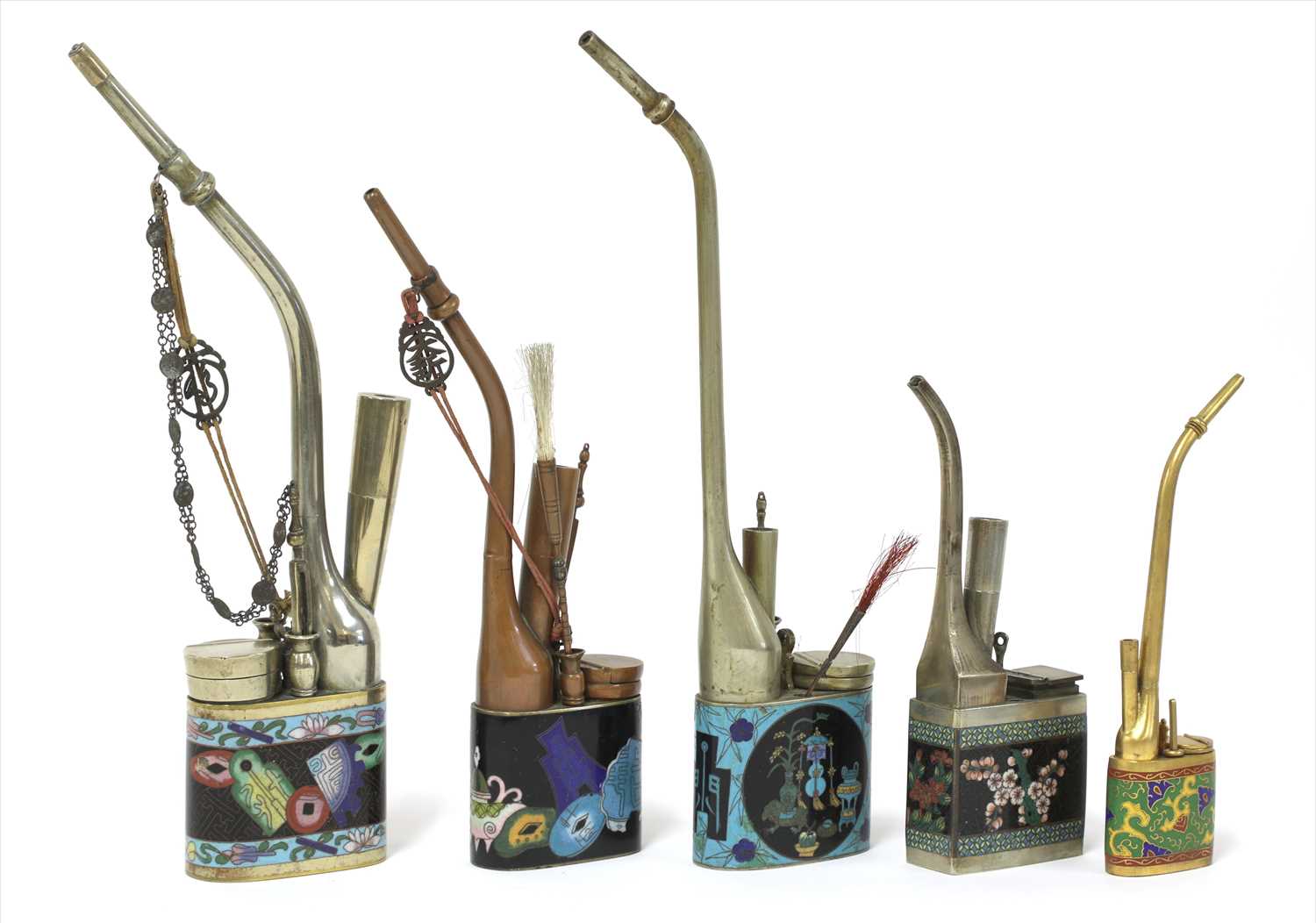 A collection of five Chinese cloisonné water pipes,