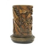 A Chinese finely carved hardwood brush pot,