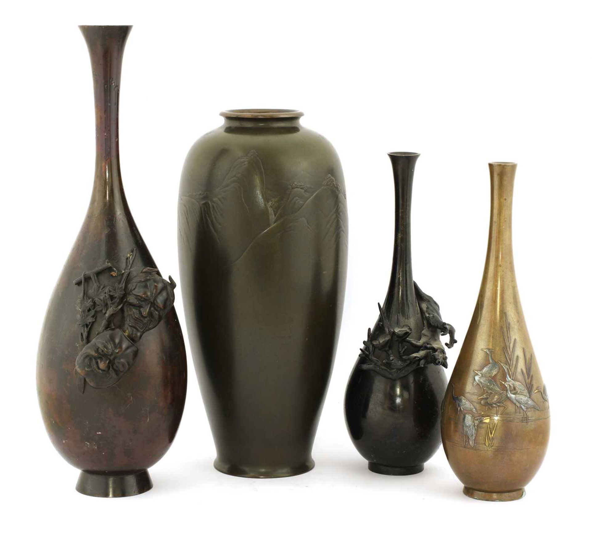 A collection of four Japanese bronze vases,