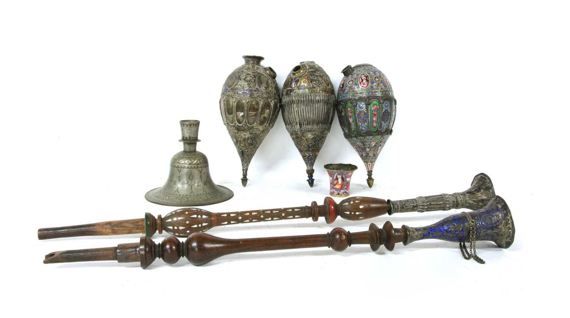 Two Persian silver and enamelled narghile water pipes,