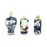 Three Chinese underglaze blue and copper-red porcelain snuff bottles