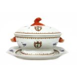 A Chinese armorial export blue and white soup tureen with cover and stand,