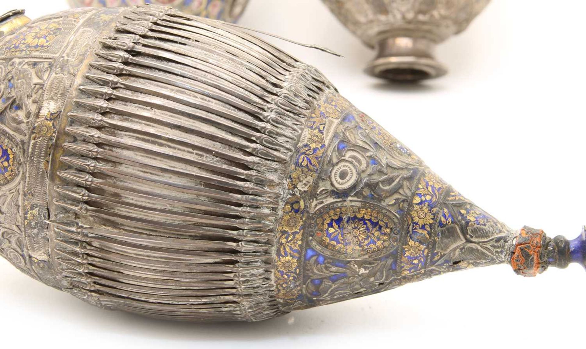 Two Persian silver and enamelled narghile water pipes, - Bild 4 aus 9