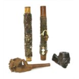 Two Thai bamboo and coin-mounted pipes,