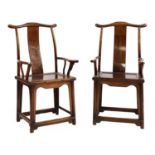A pair of Chinese elm armchairs,