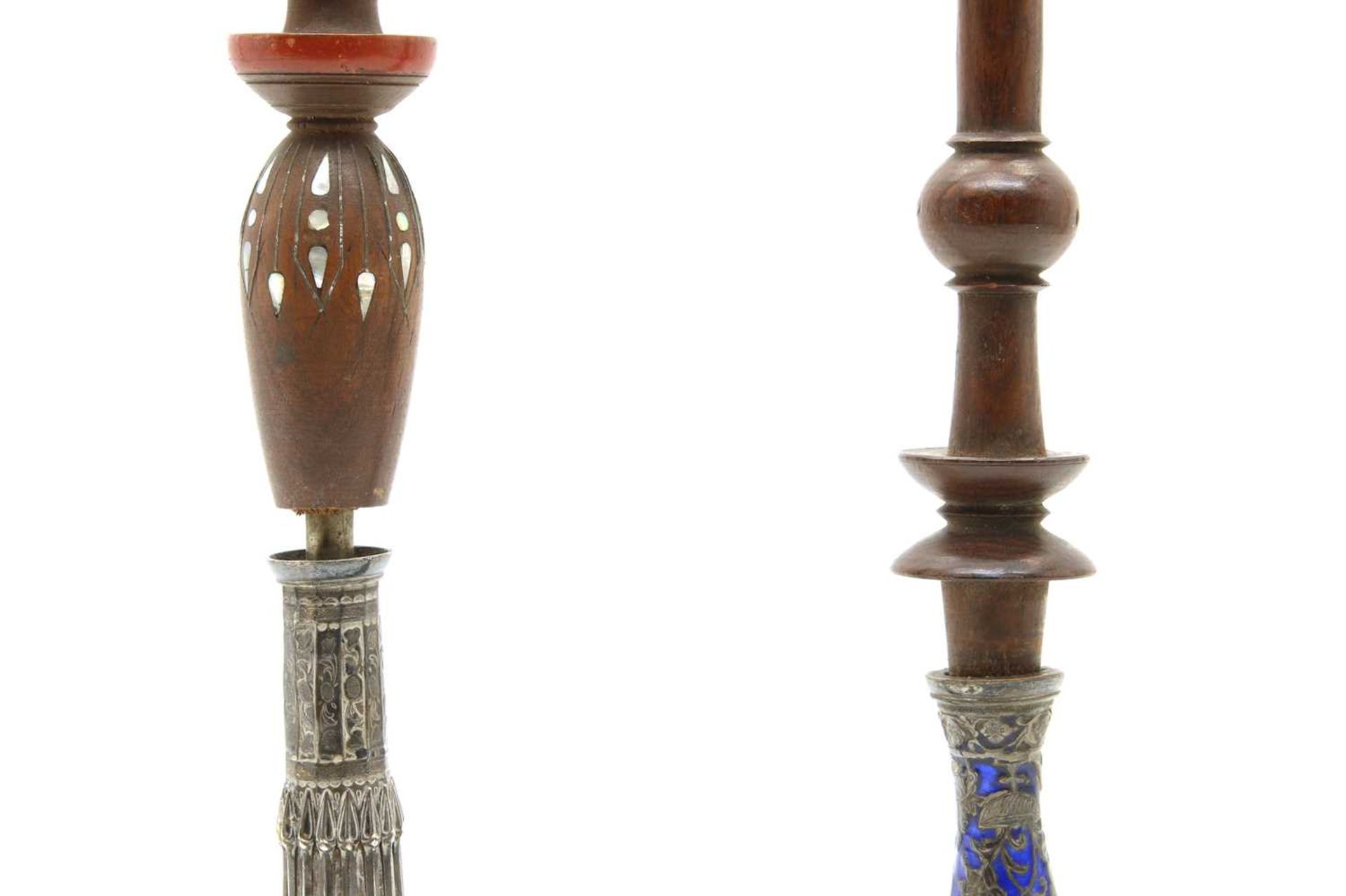 Two Persian silver and enamelled narghile water pipes, - Image 7 of 9