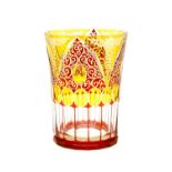 A cased ruby and amber glass beaker,