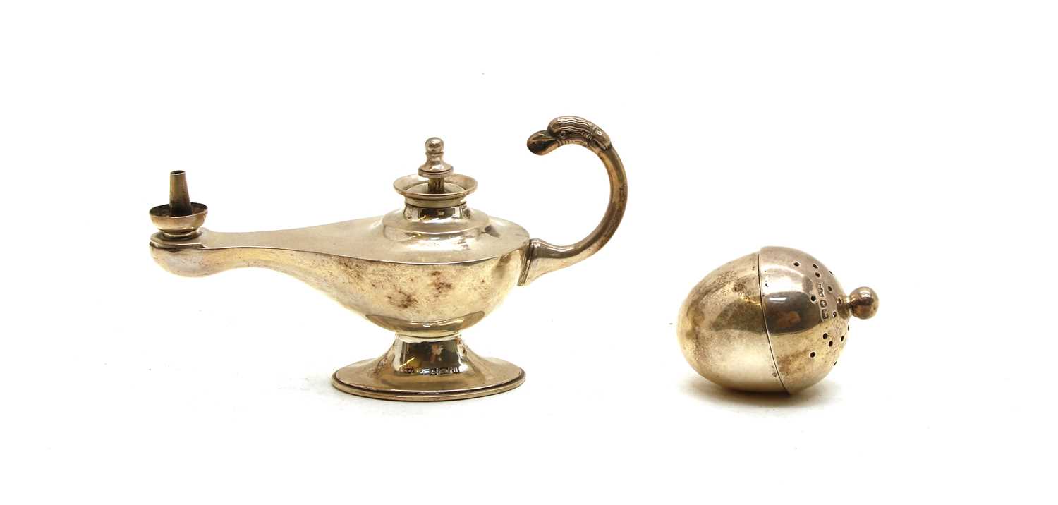 An Edwardian silver 'Aladdin' lamp cigar lighter by Asprey & Co., and a pomander (2) - Image 2 of 2