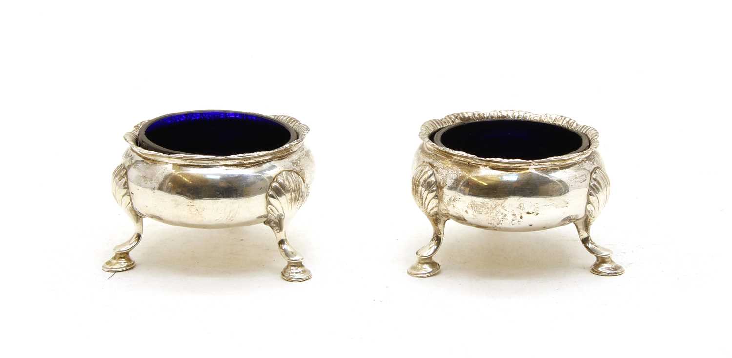 A pair of George II silver cauldron salts,