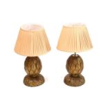 A pair of carved and gesso painted pineapple table lamps,