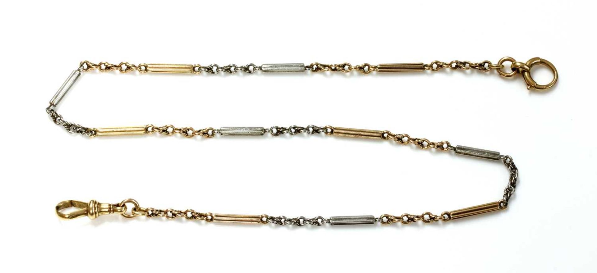 An early 20th century two colour gold alternating yellow and white bar and knot link watch chain,