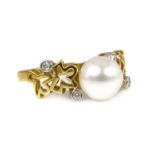 A Continental gold cultured pearl and diamond ring,