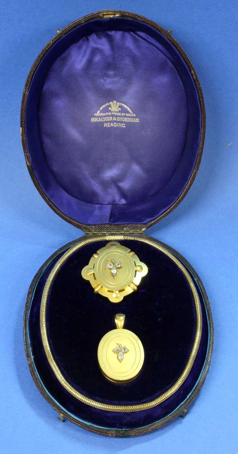 A cased Victorian gold diamond set locket, chain and brooch suite, by Bracher and Sydenham, Reading, - Image 2 of 2