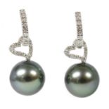 A pair of Italian white gold Tahitian cultured pearl and diamond drop earrings,