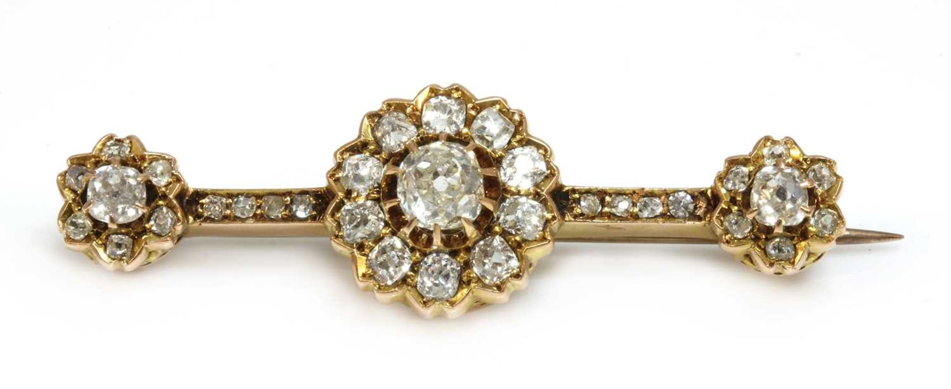 A late Victorian diamond cluster bar brooch,